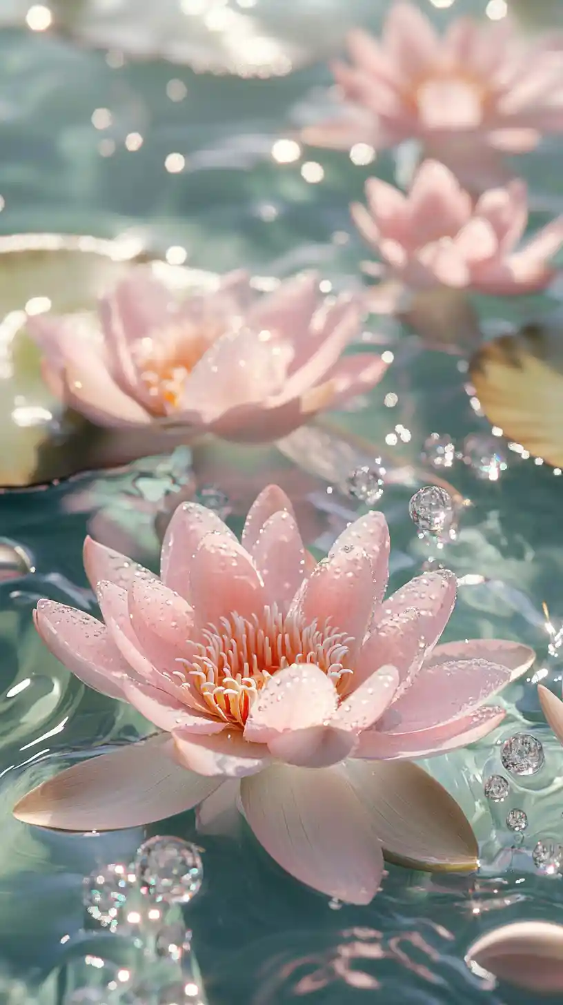 Pink lotus flowers in a serene crystal clear water garden