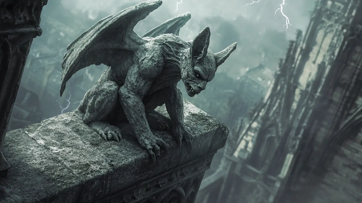 Gothic stone gargoyle on cathedral roof in stormy sky