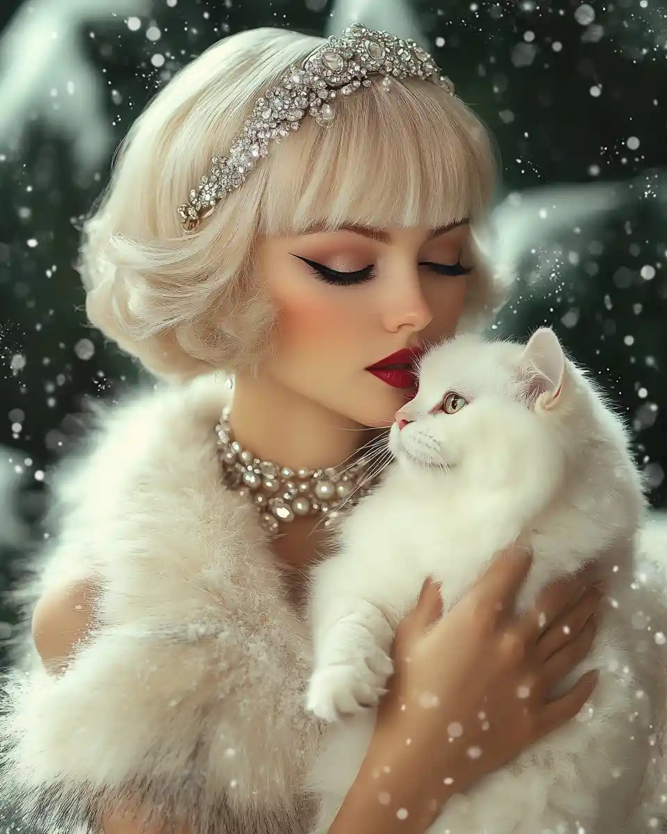 Glamorous flapper woman holding a white cat in snow