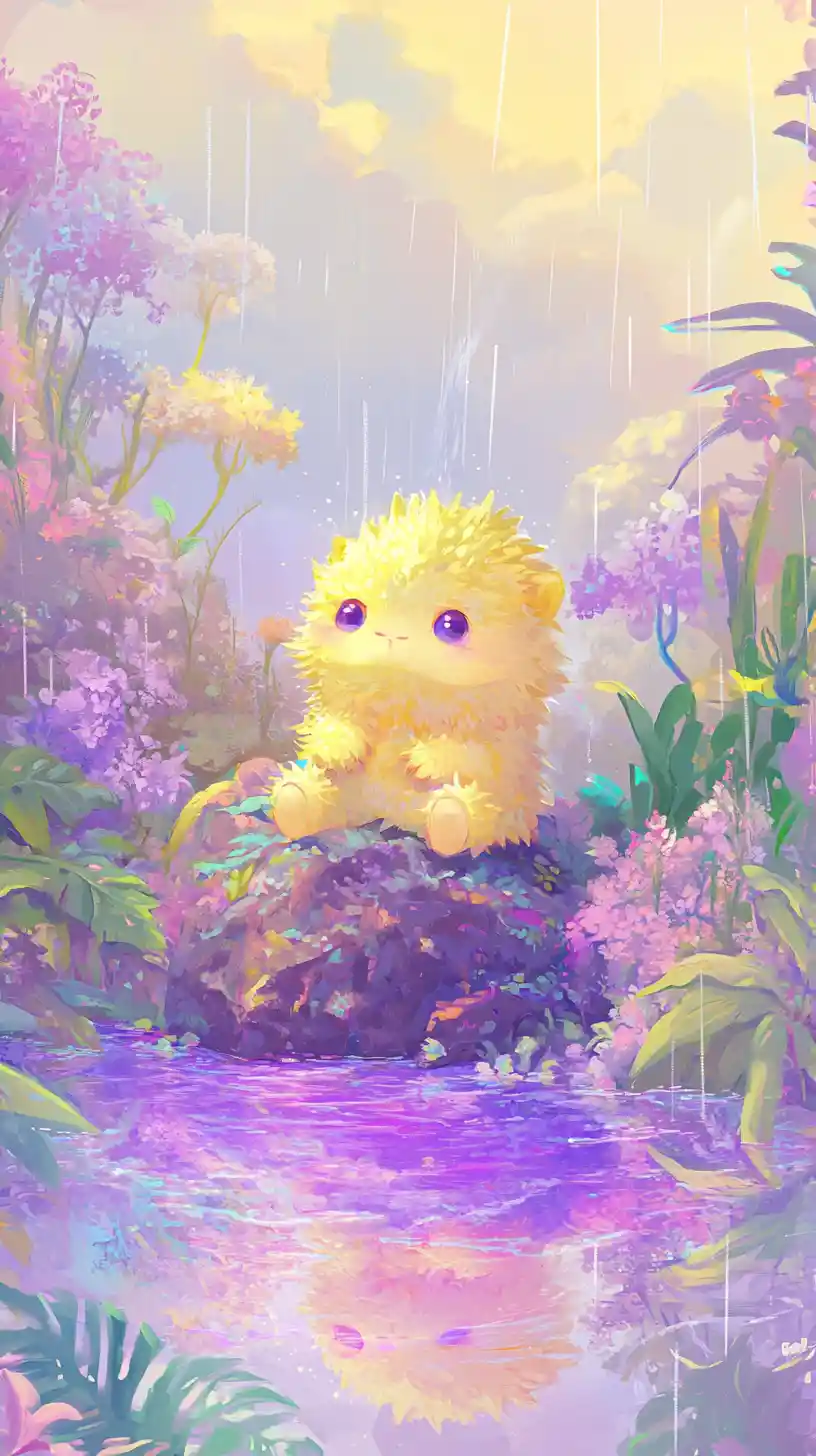 Adorable fantasy creature by a purple reflective puddle