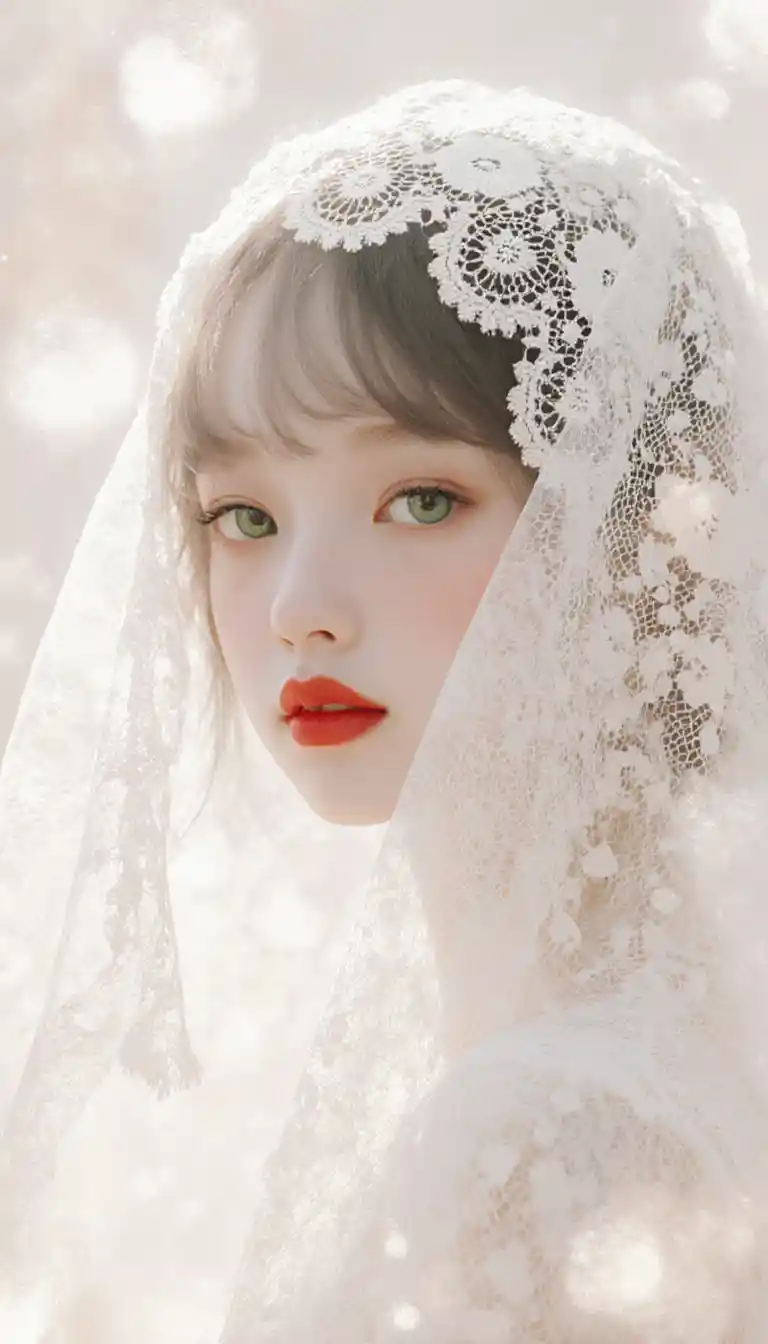 Girl behind lace veil in a soft dreamy scene
