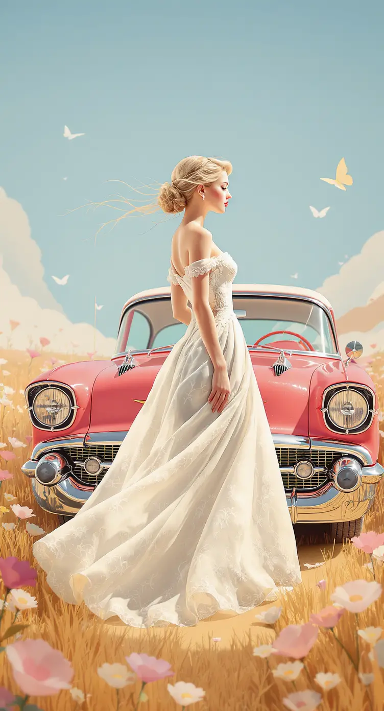 Papercraft woman in 1950s dress beside classic chevrolet