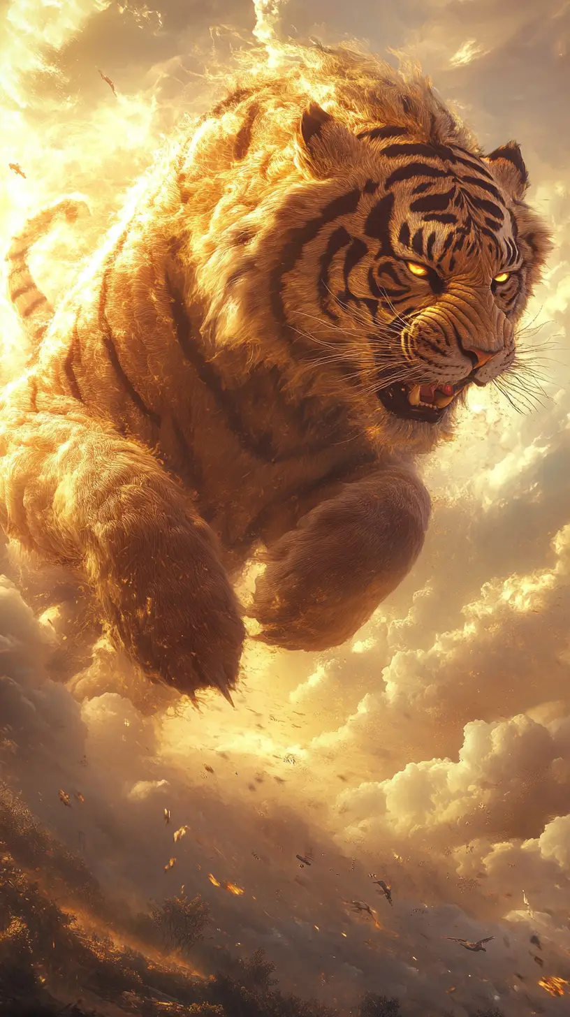 Cloud tiger drifting across a golden magical sunset sky