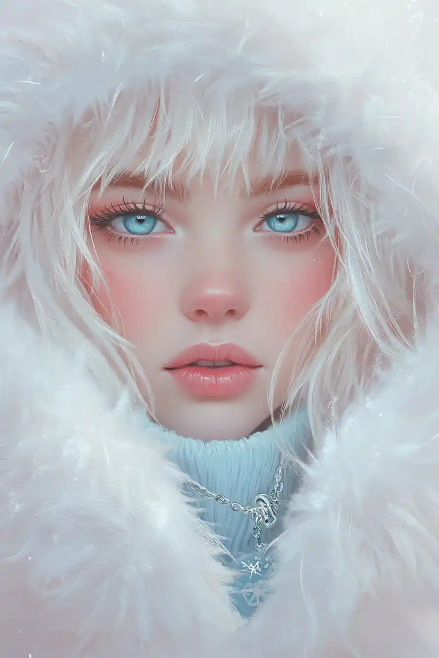 Winter portrait of woman in white parka with blue eyes