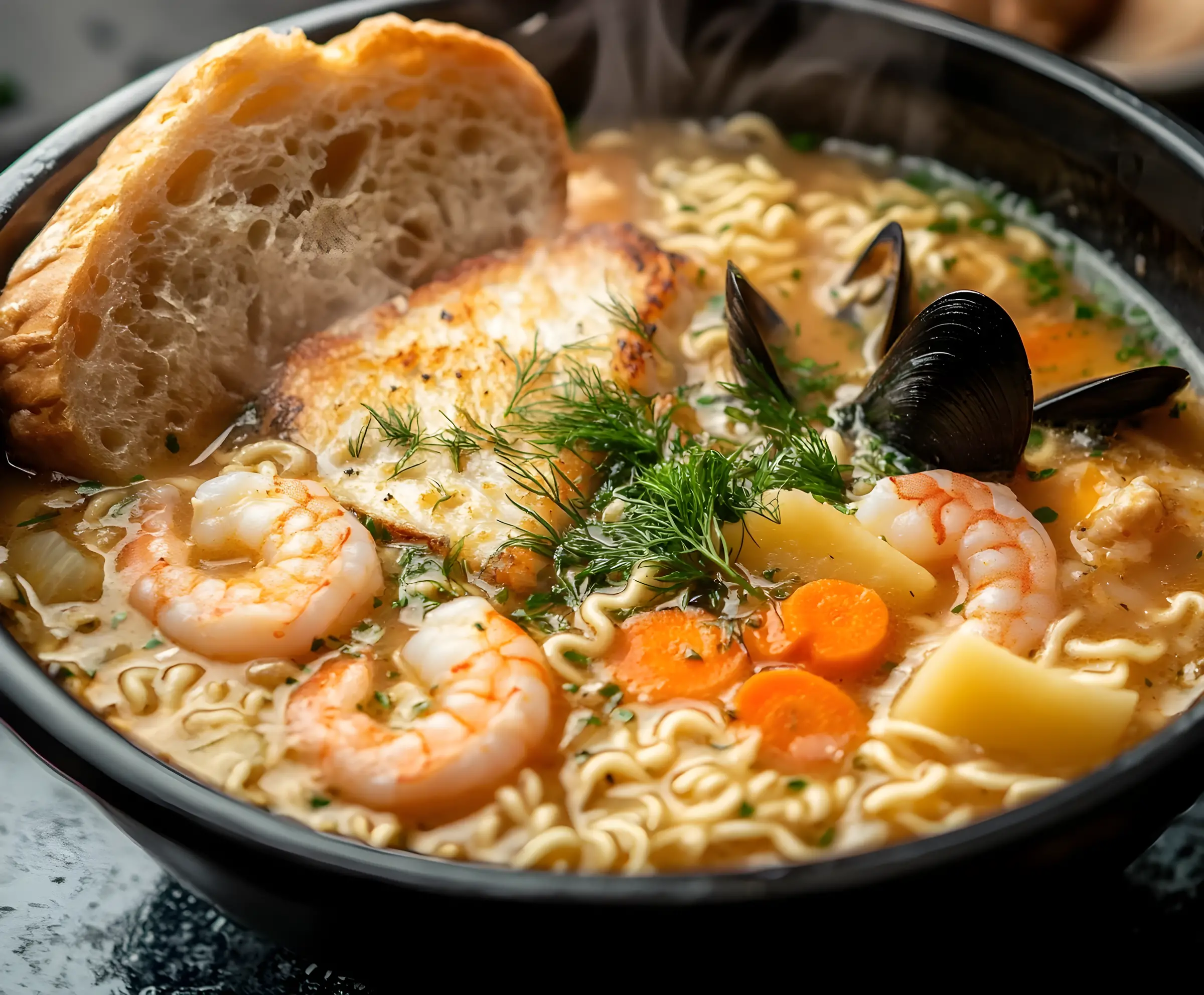 Close up seafood ramen with golden broth and bread