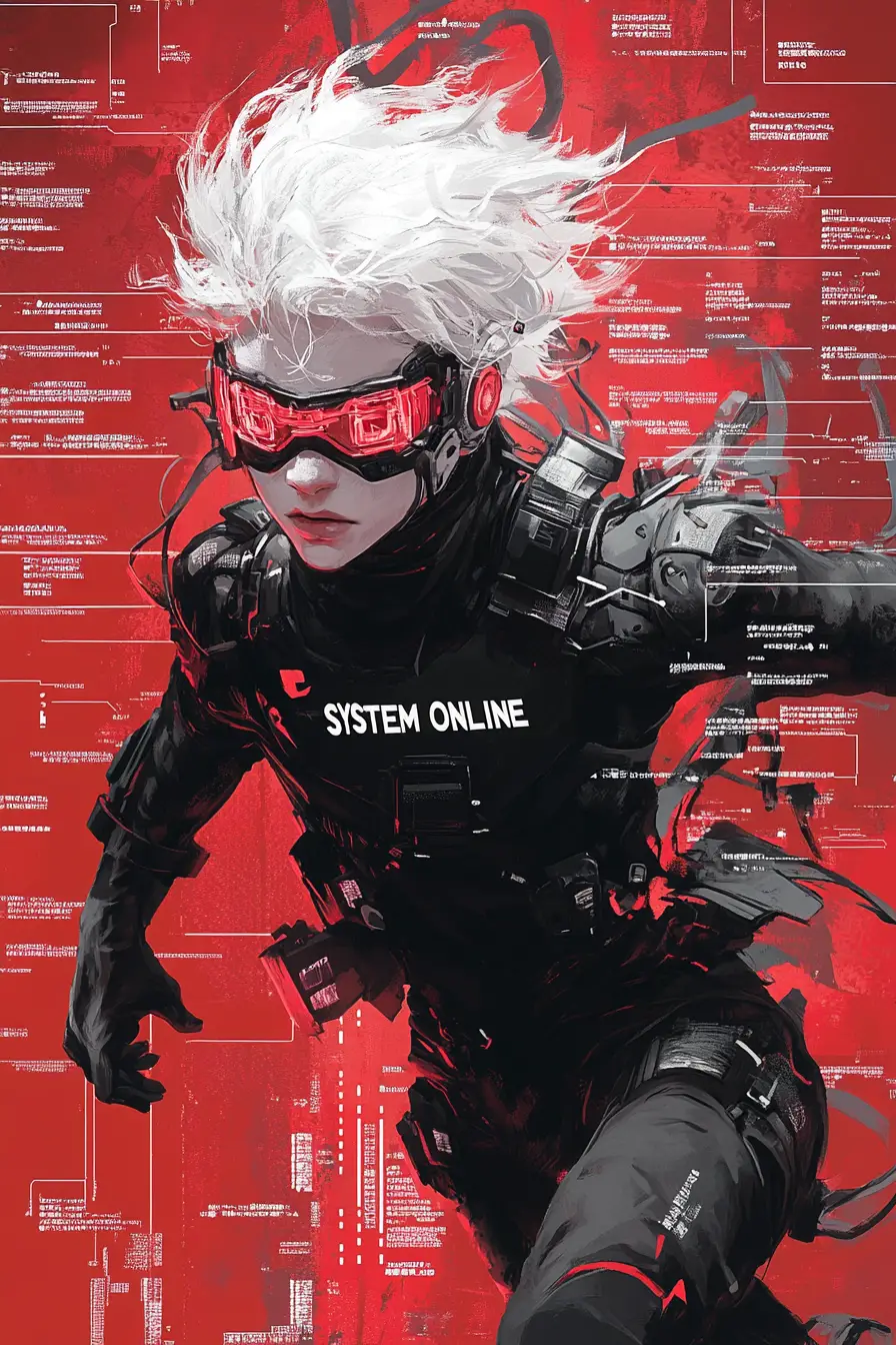 White haired cyberpunk villain with red digital visor