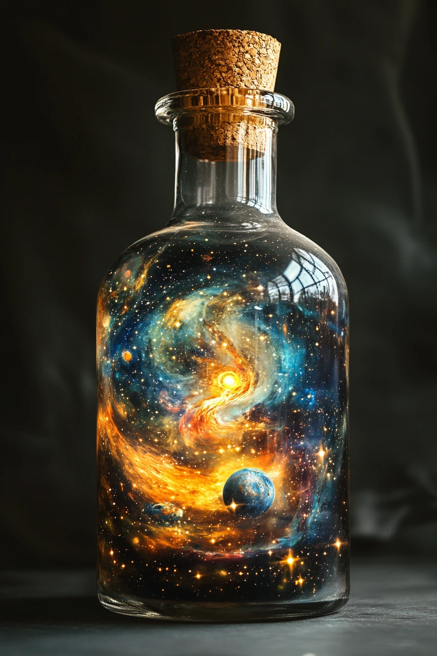Glasflasche mit leuchtendem kosmischen Universum