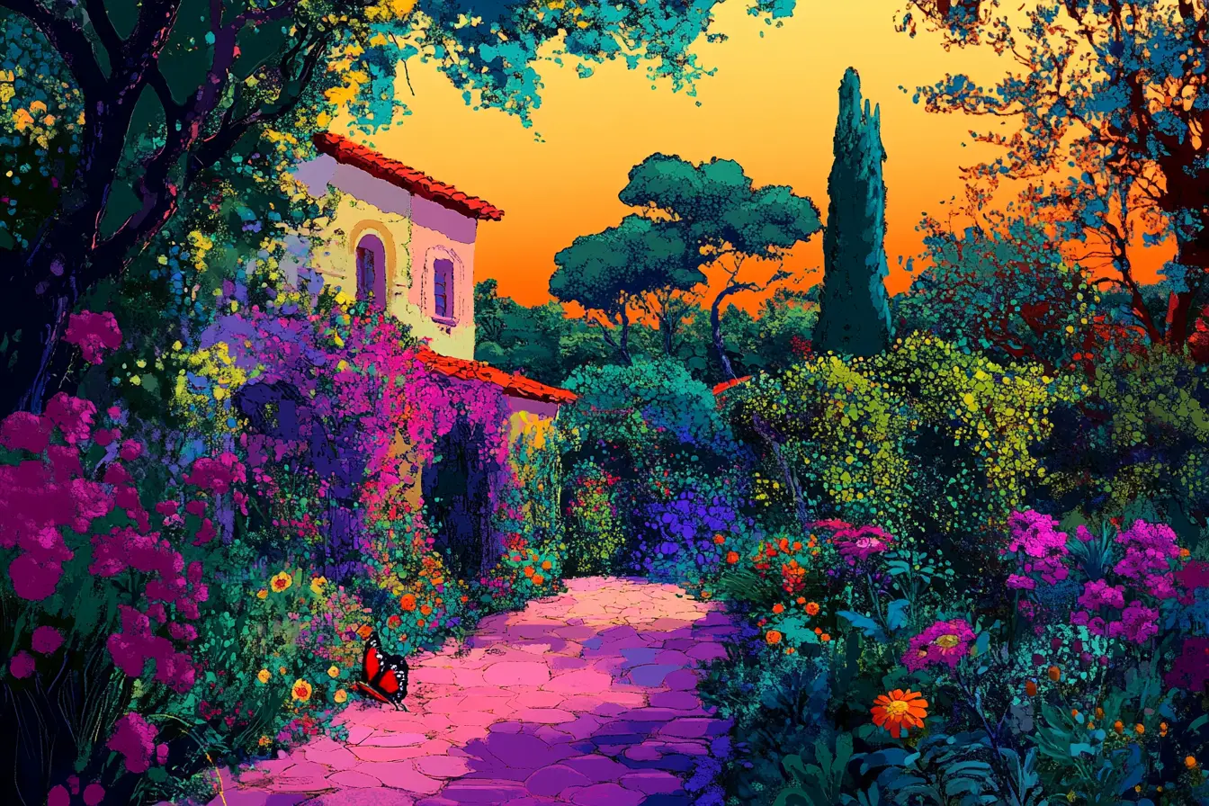 Sunrise Over A Lush Mediterranean Fantasy Garden
