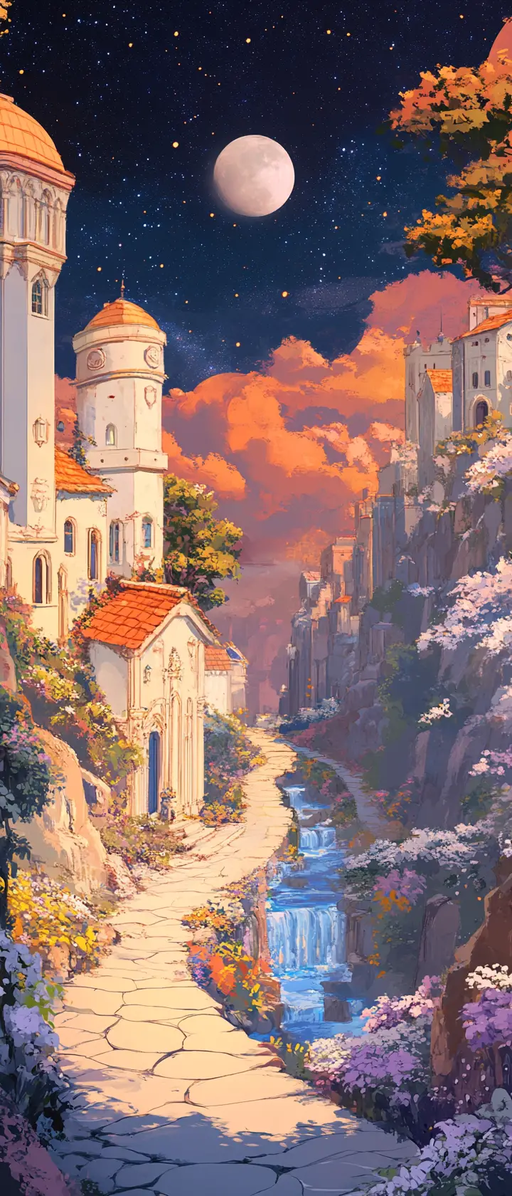 Serene Fantasy City With Ornate Architecture Under A Large Moon