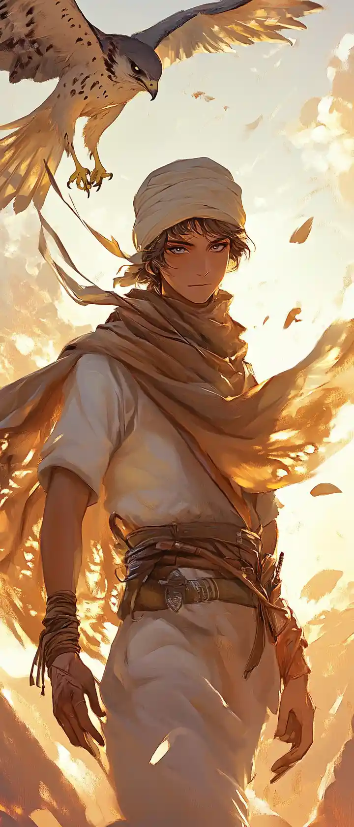 Anime falconer boy at sunrise on desert dunes