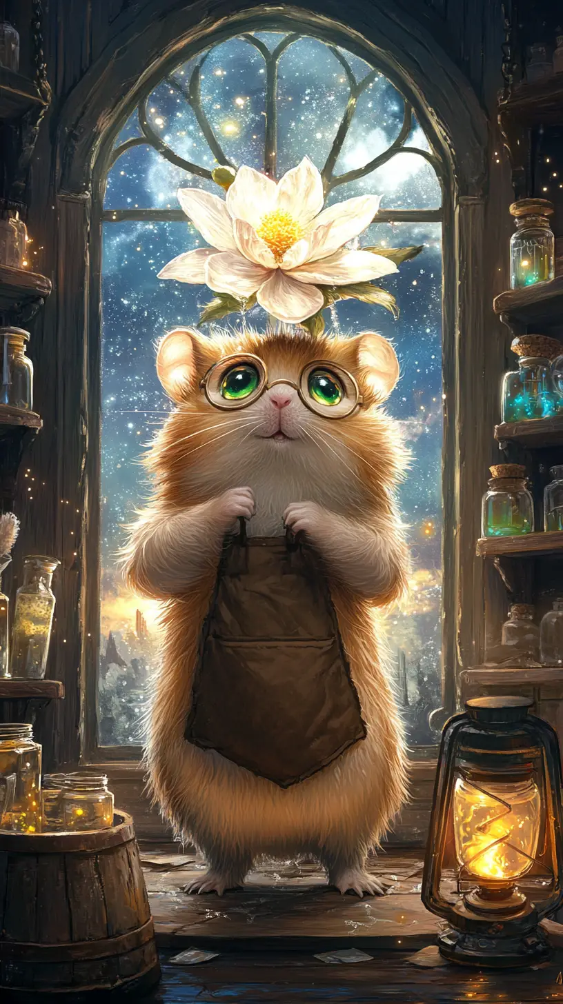 Cute Hamster Cleaning A Magical Window At Midnight