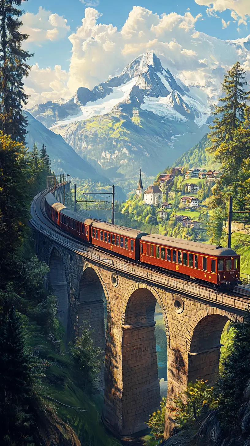 Magical train station in a dreamy Swiss mountain landscape