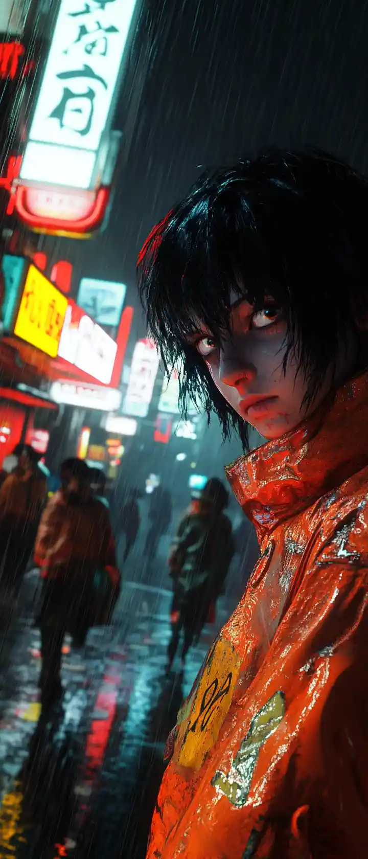 Anime girl on rainy neon lit city street scene