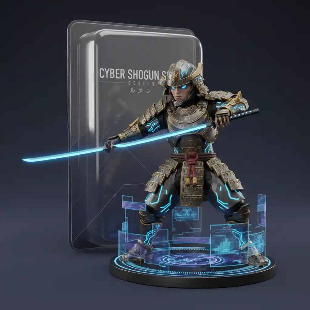 Cyber samurai action figure with glowing plasma katana