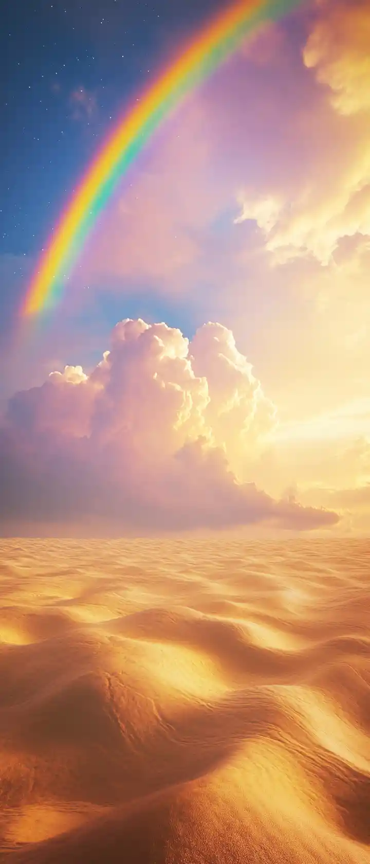 Low angle view of a rainbow over golden desert sand