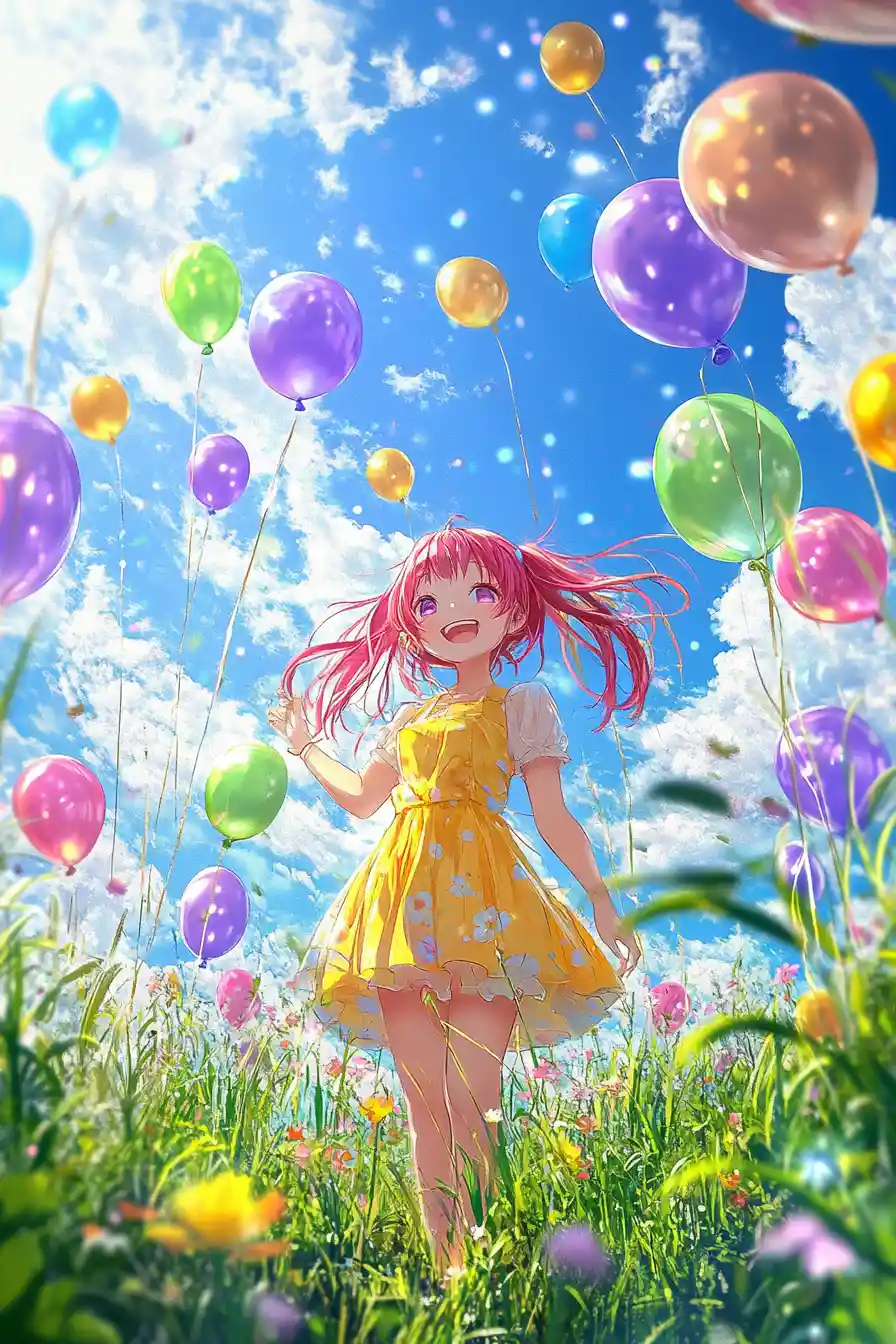 Pink haired anime girl in a sunny balloon meadow