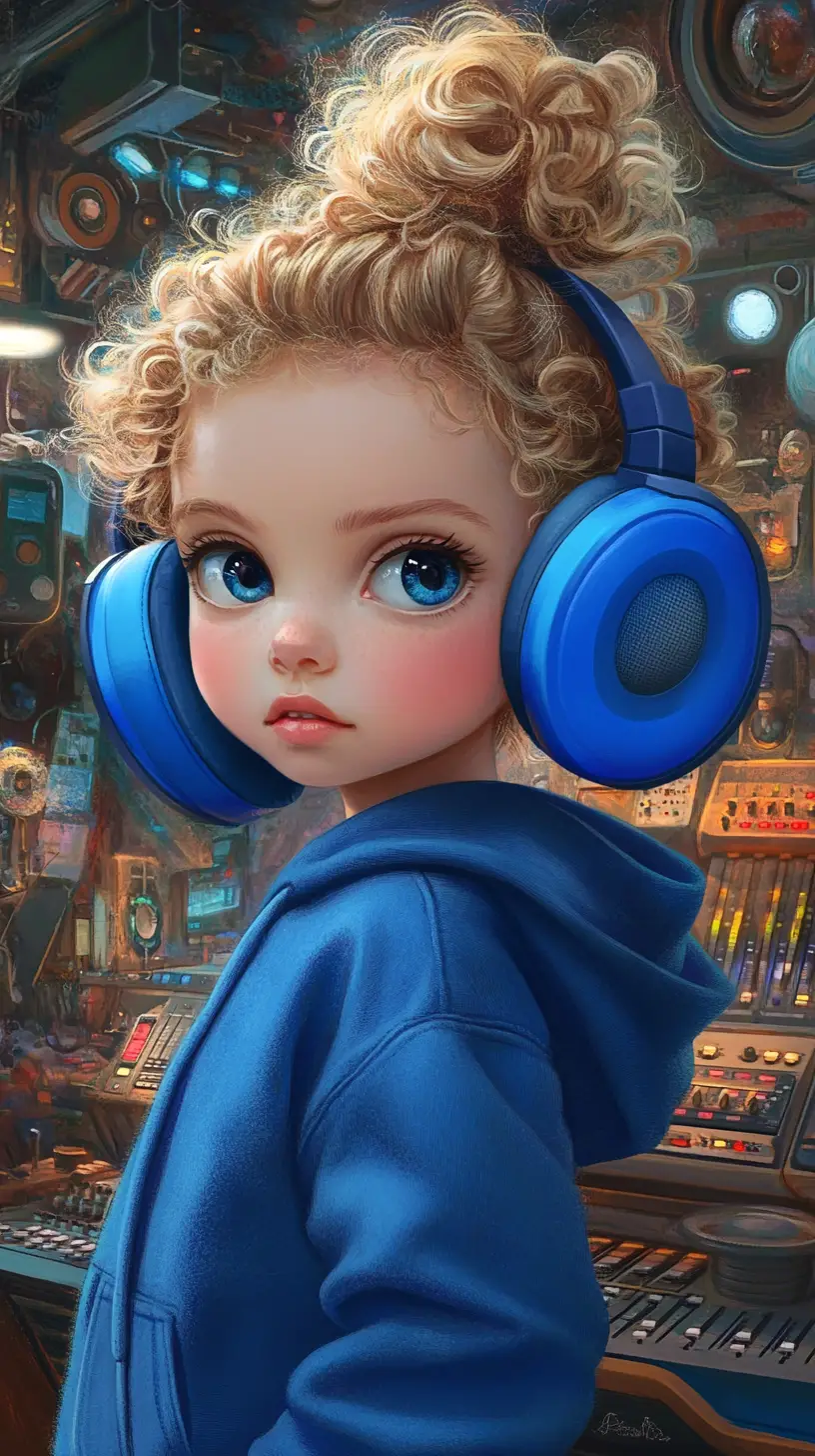 Dreamy Girl In Blue Headphones In Recording Studio