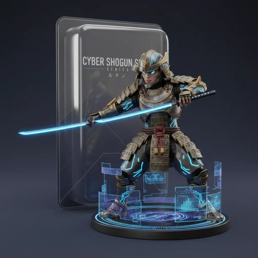Cyber samurai action figure with glowing plasma katana