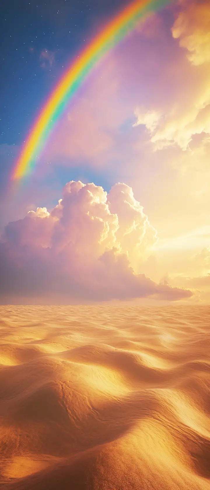 Low angle view of a rainbow over golden desert sand
