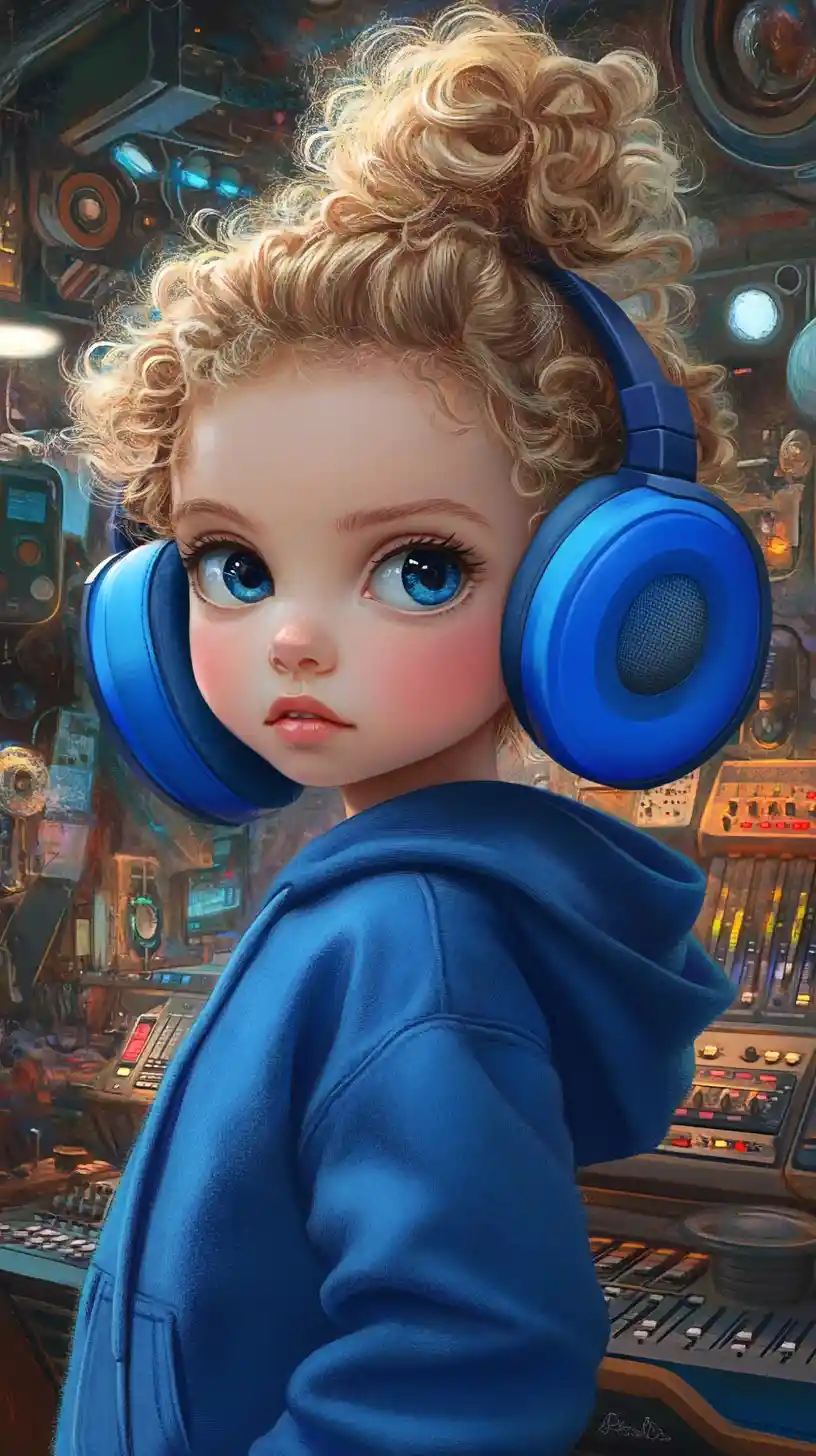Chica soñadora con auriculares azules en el estudio de grabación