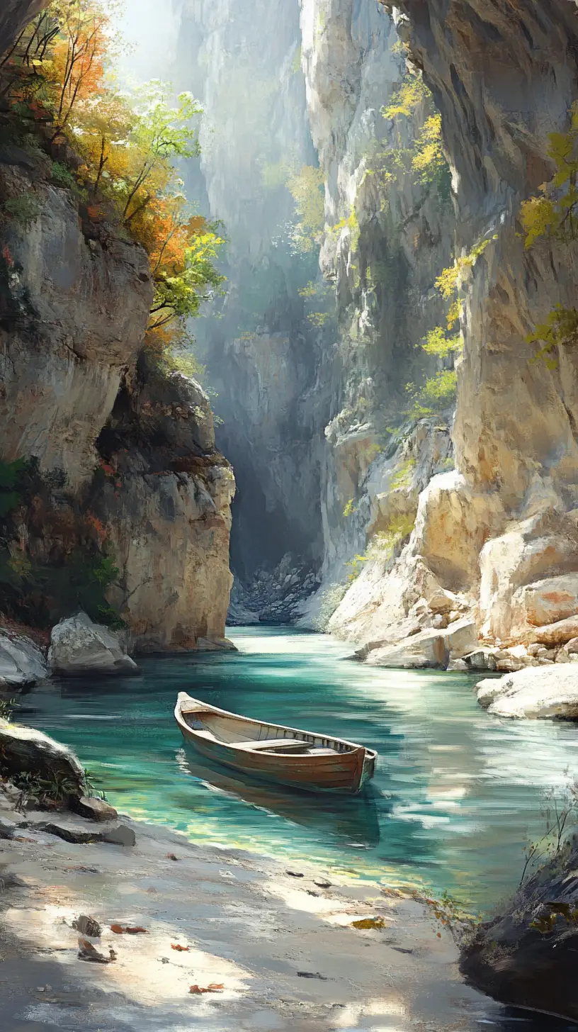 Tranquil turquoise river canyon with wooden rowboat