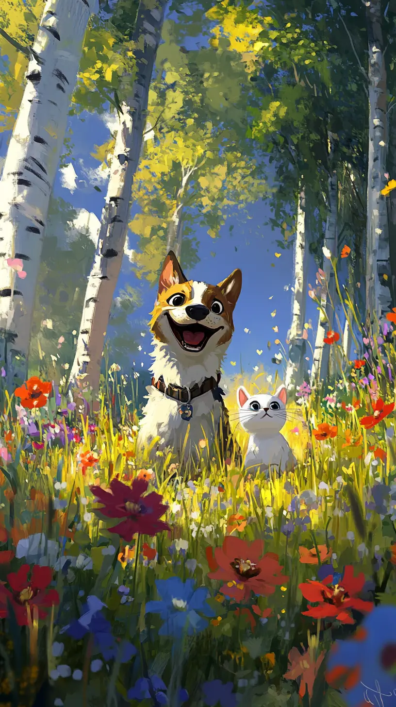 Cartoon dog and cat in sunrise birch forest clearing