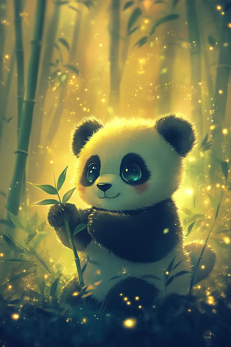 Cute anime panda in a glowing bamboo forest
