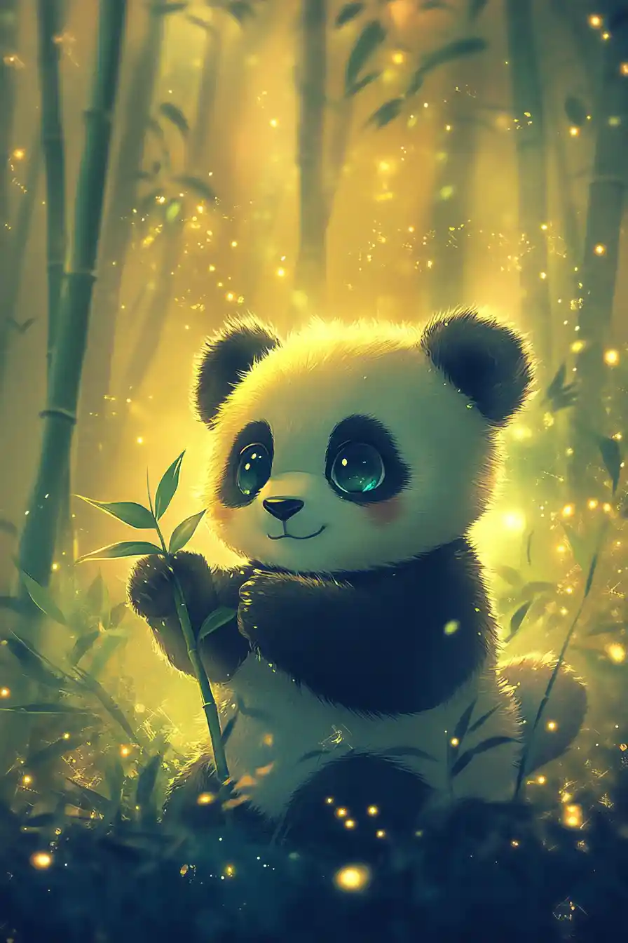 Cute anime panda in a glowing bamboo forest