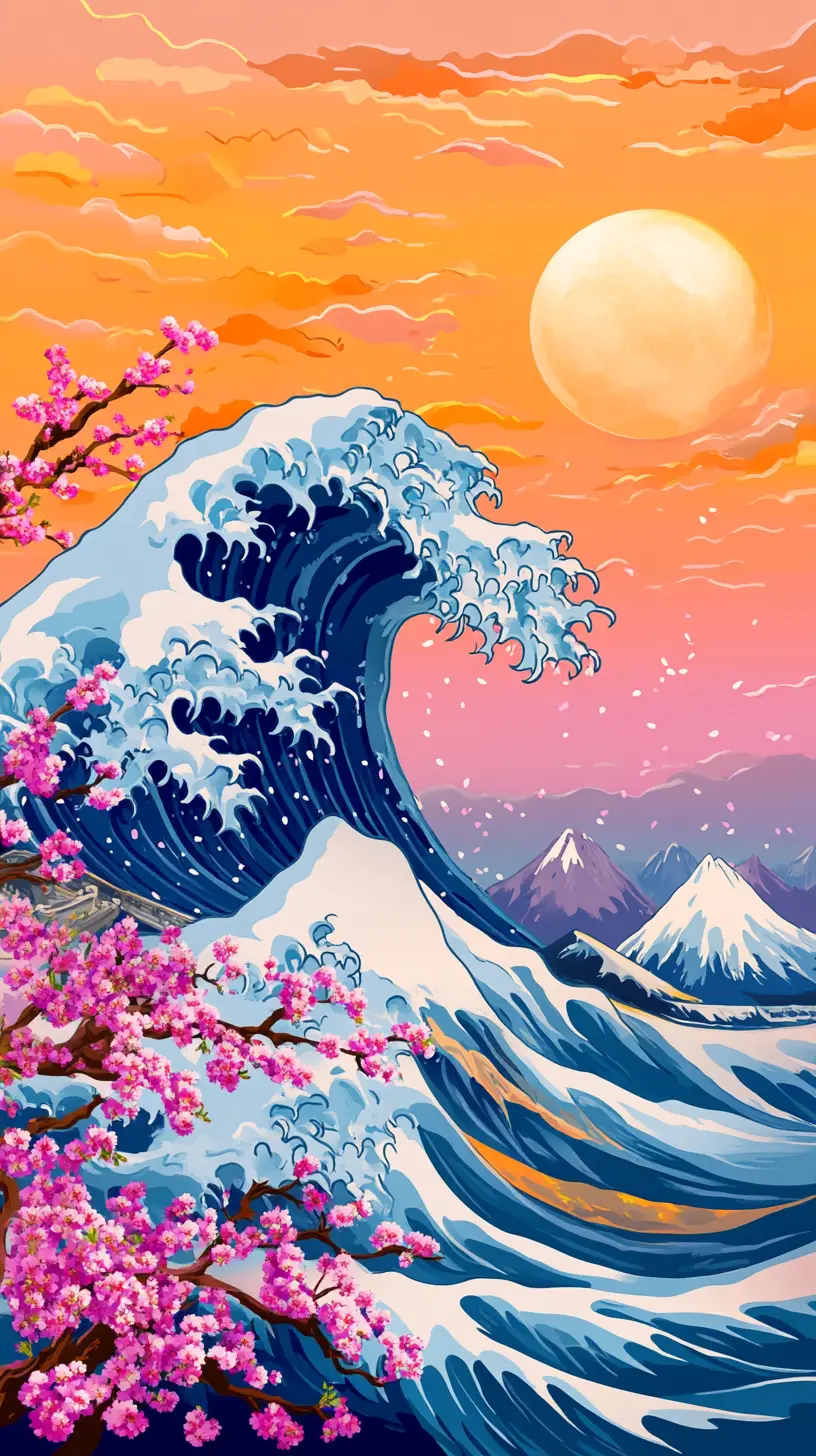 Colorful stylized ocean wave with cherry blossoms and mountains
