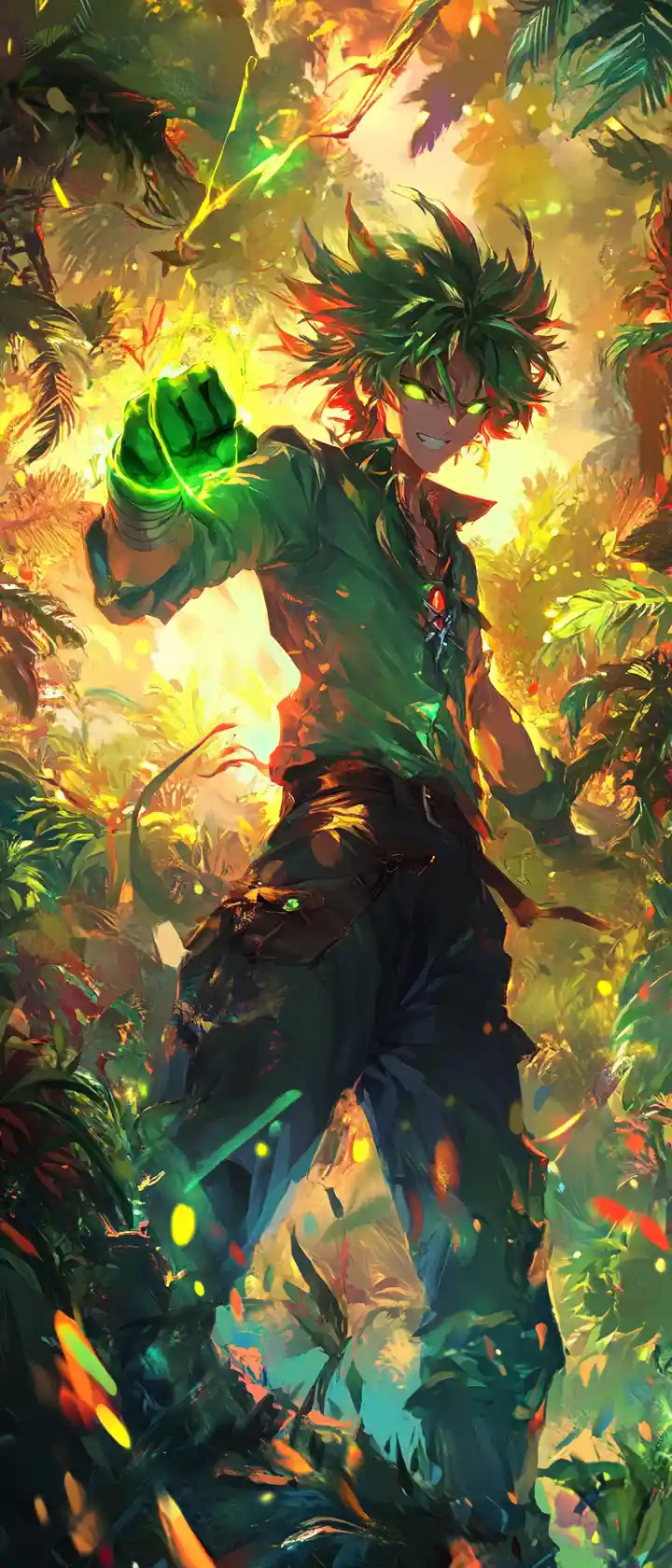 Chico de anime liberando su aura en una arena en la jungla