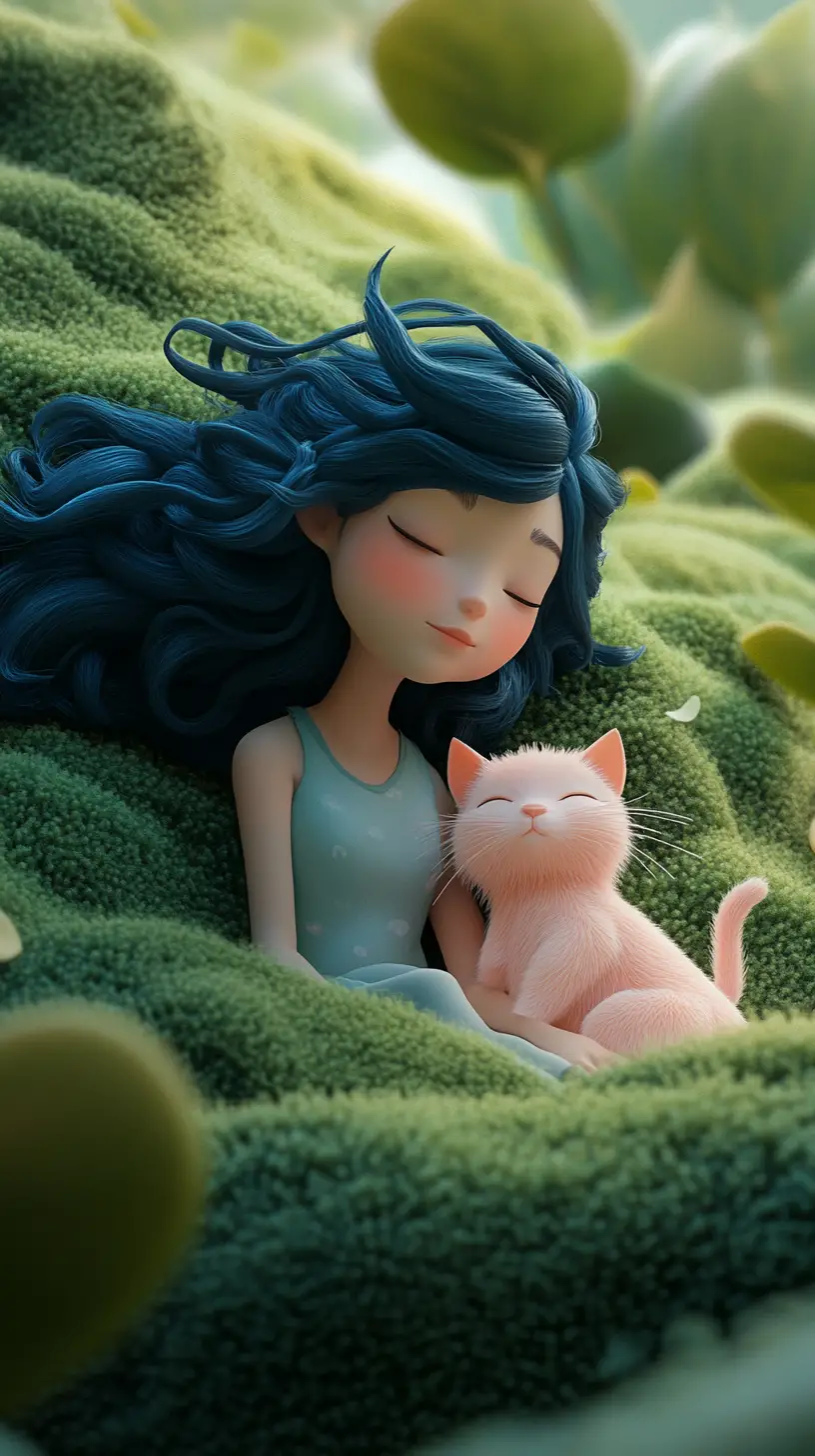 Mystical girl and pastel cat on a dreamy green hill