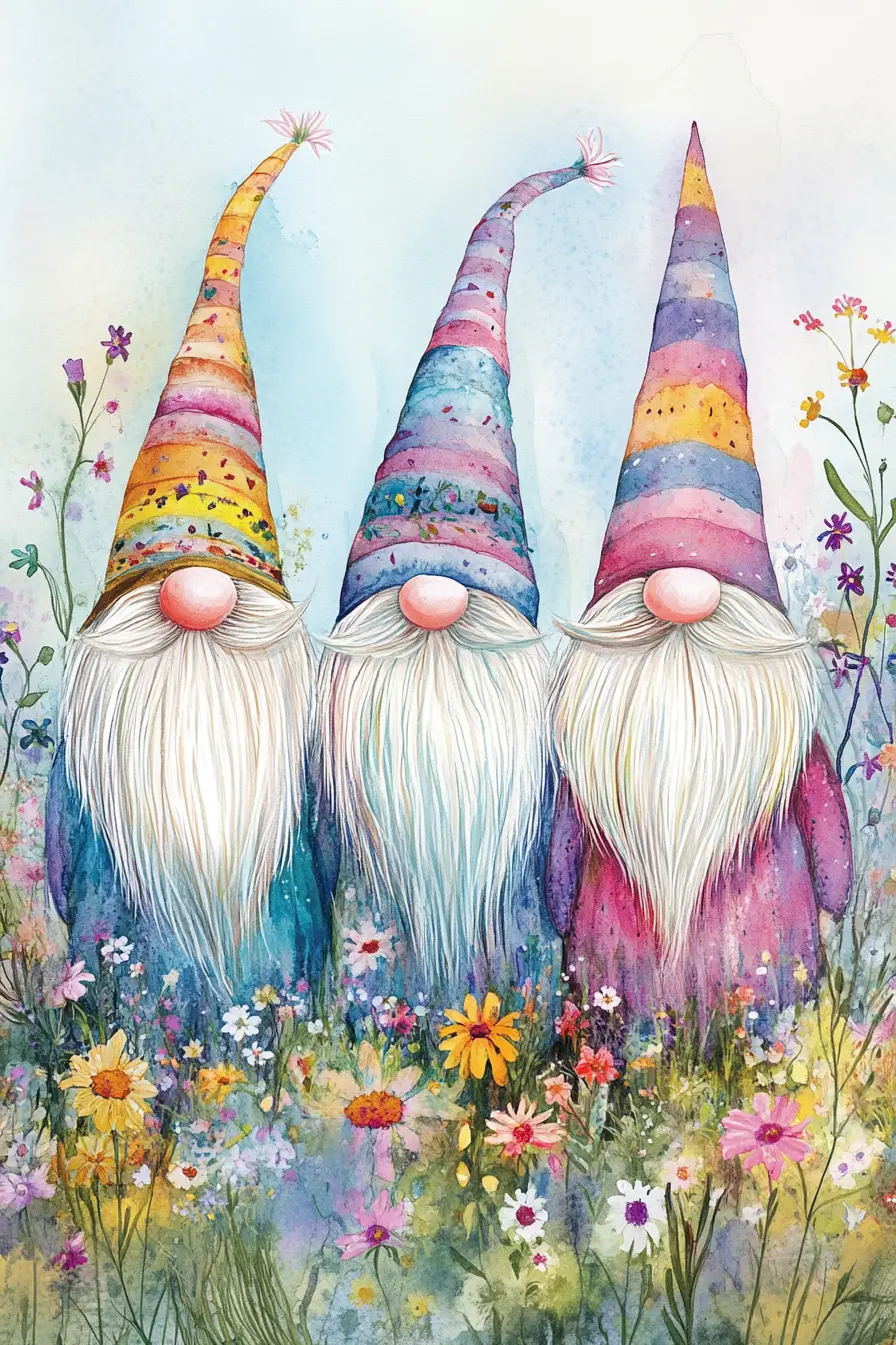 Whimsical garden gnomes in a bright watercolor flower field