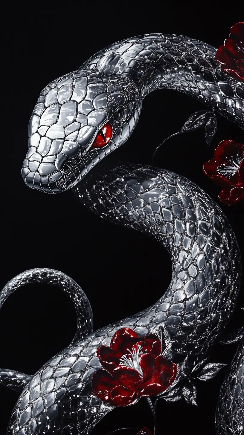 Close up of an iridescent jeweled snake on dark background