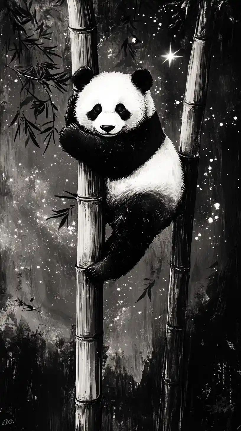 Panda Resting In Bamboo Tree Under Starry Night Sky