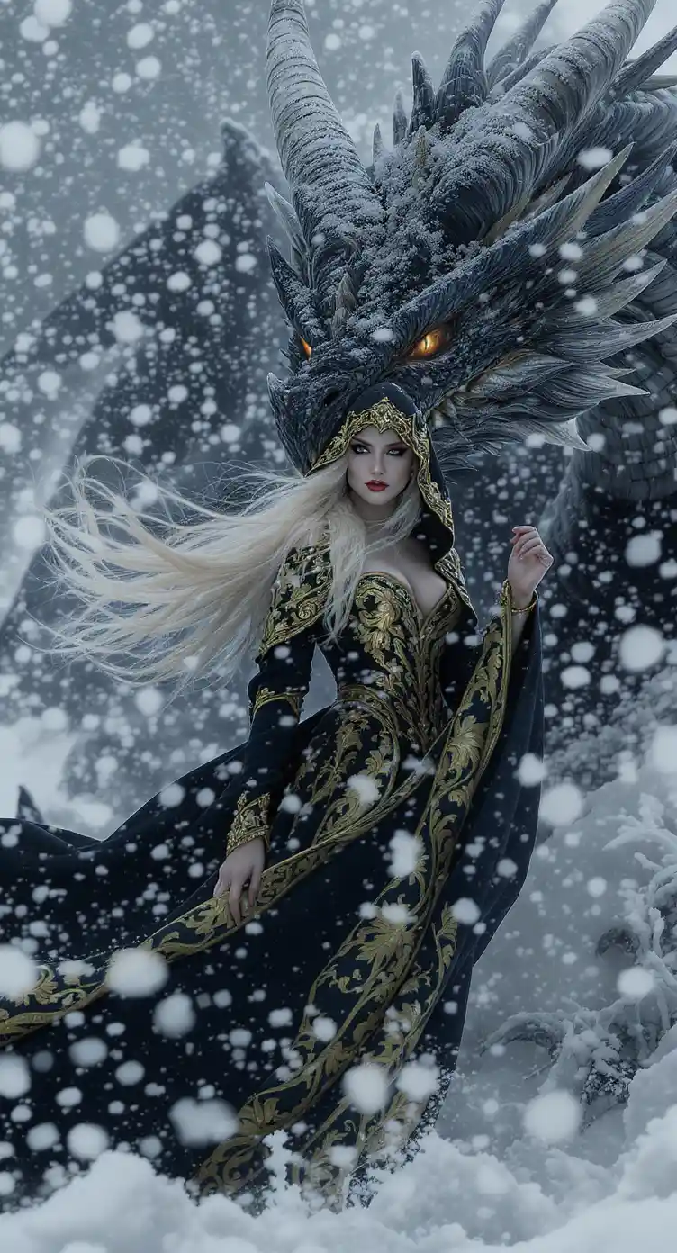 Woman and frost dragon in a raging snowstorm