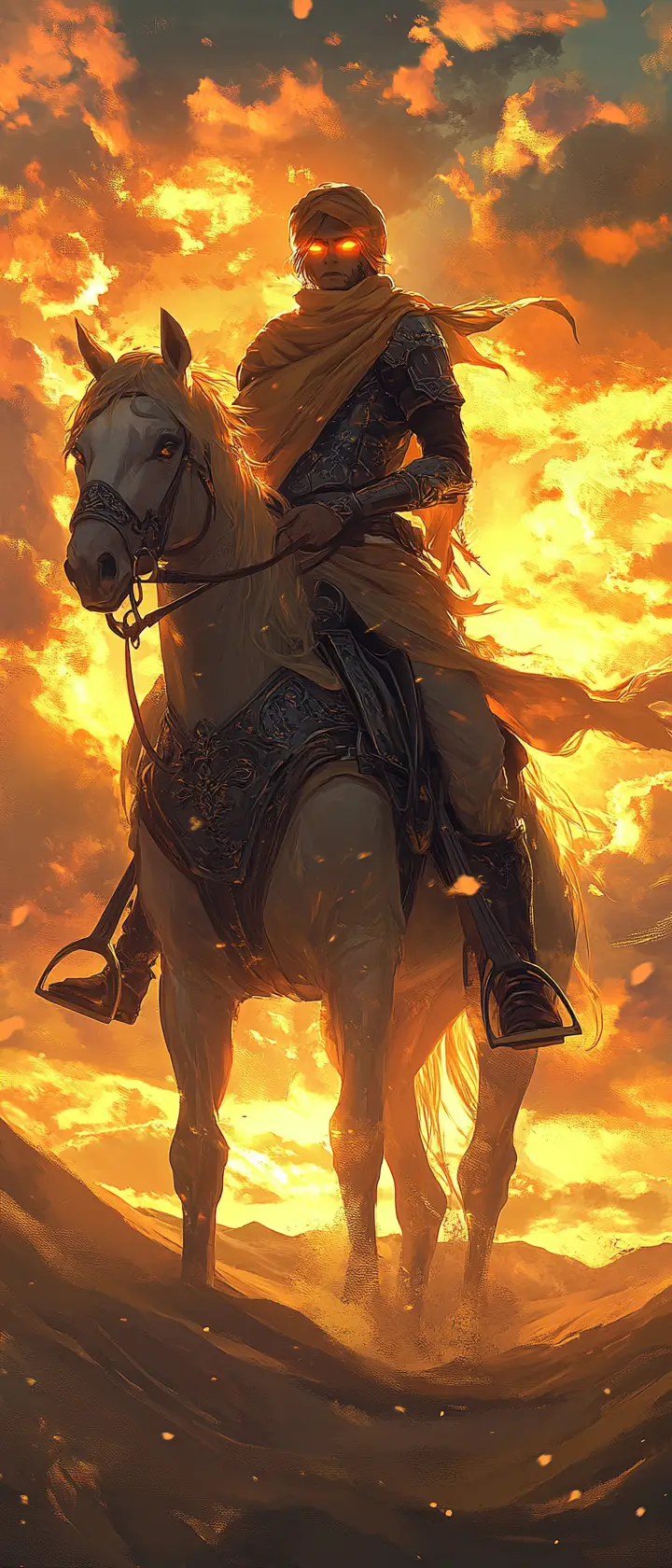Arabian anime knight riding through golden desert dunes