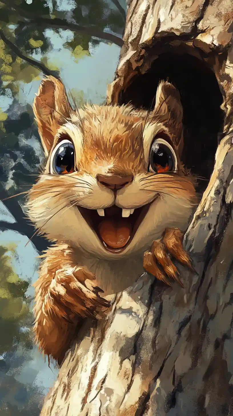 Cute cartoon squirrel peeking from a tree trunk hole