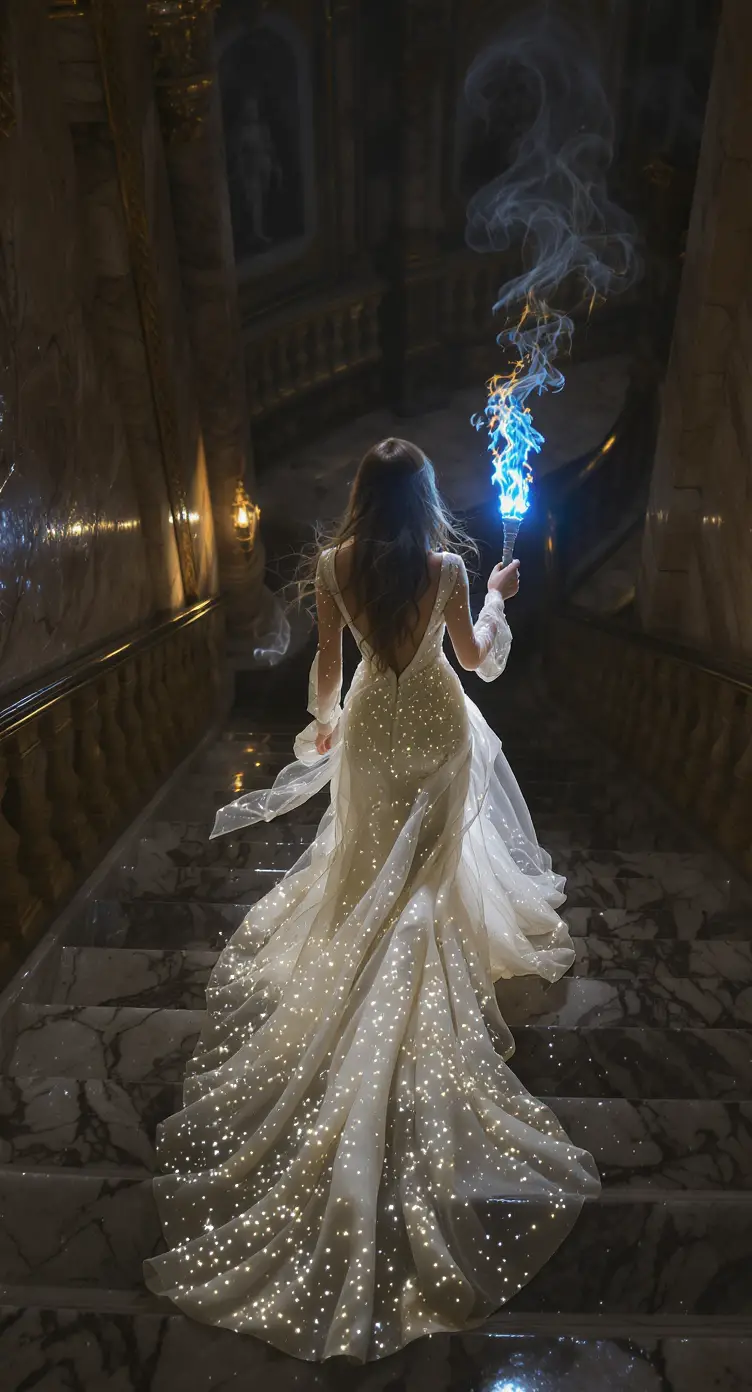 Woman in white gown descending a grand marble staircase