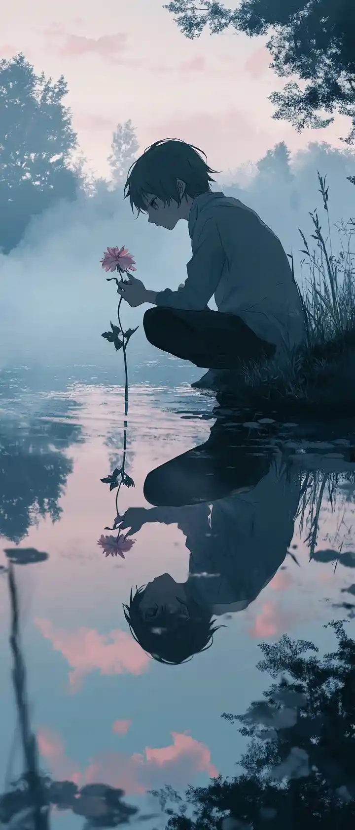 Chico de anime en la orilla de un lago brumoso al amanecer con reflejo
