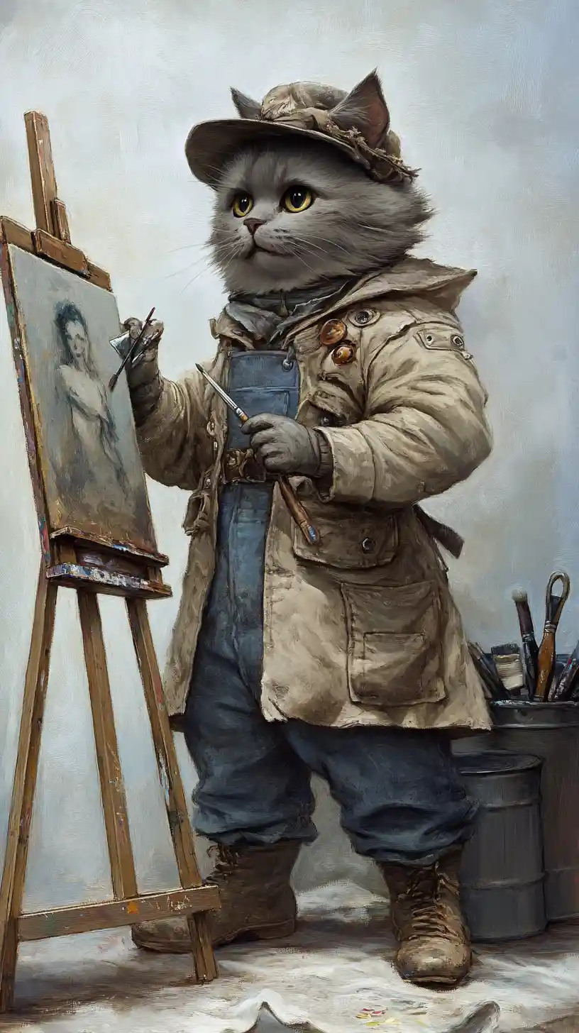 Anthropomorphic gray cat painter with easel and sketch