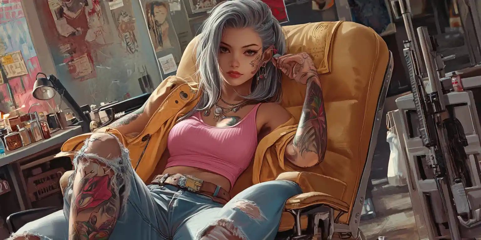 Tatuador estilo anime trabalhando em um estúdio sci-fi sombrio