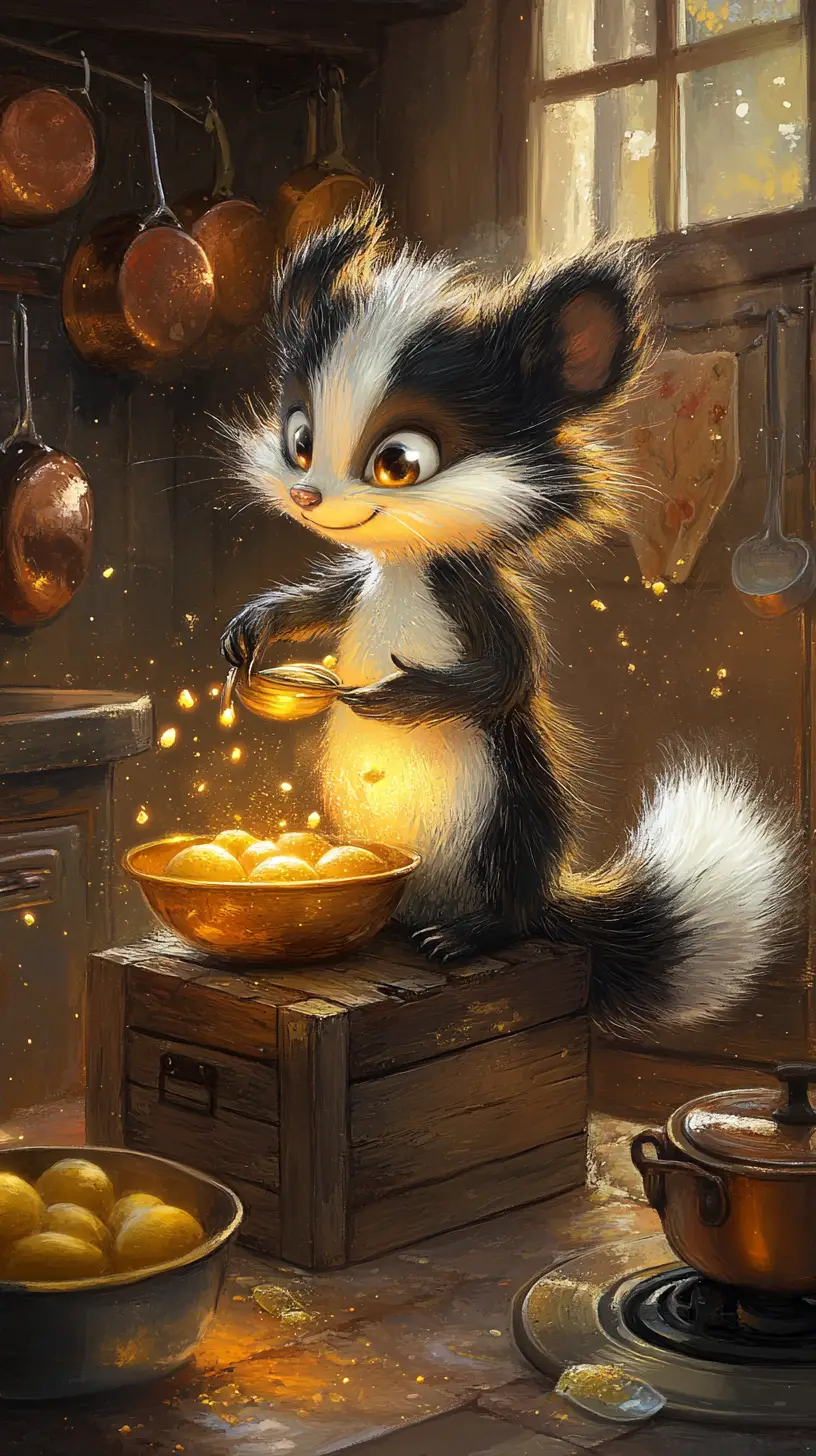 Little skunk whisking golden eggs in a cozy kitchen