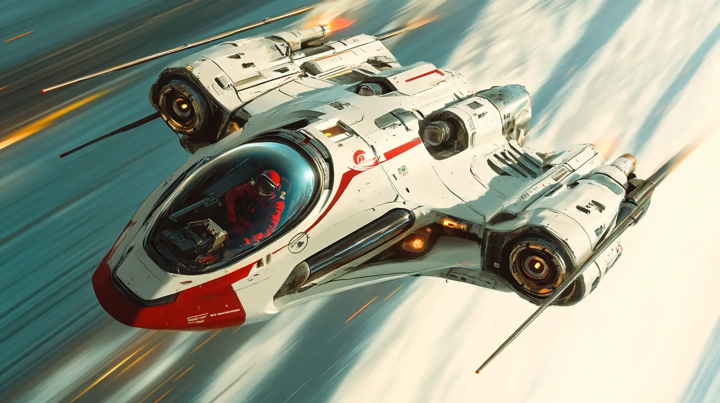 Futuristic red trimmed spaceship racing through deep space