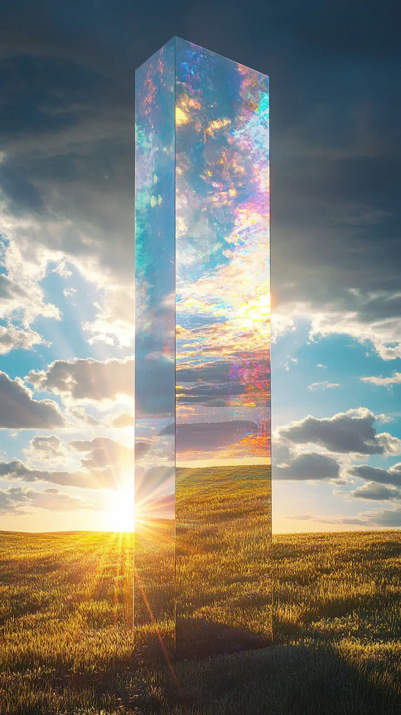Glowing antique mirror standing alone in sunny meadow