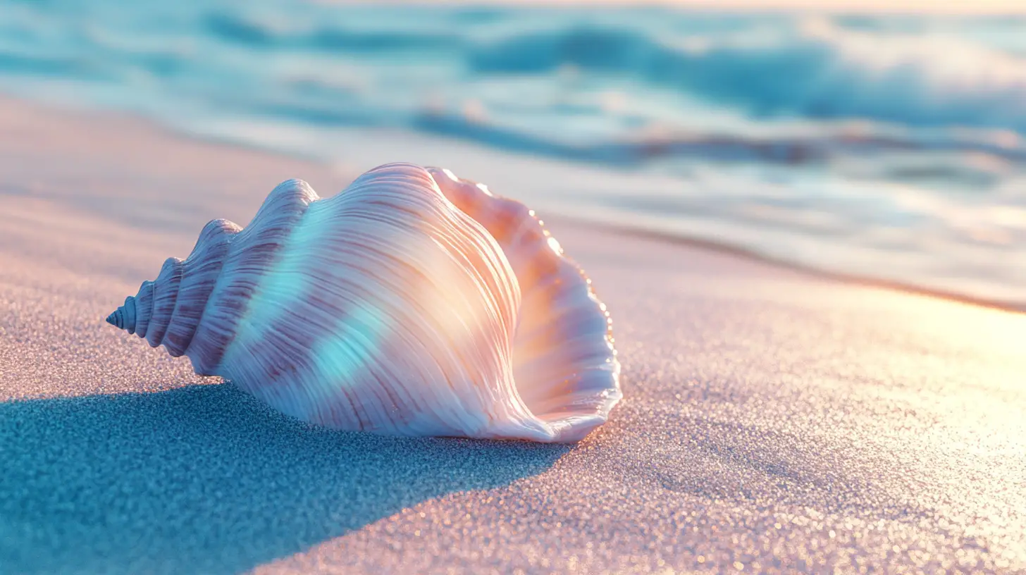 Colorful seashell on sandy ocean shore digital illustration