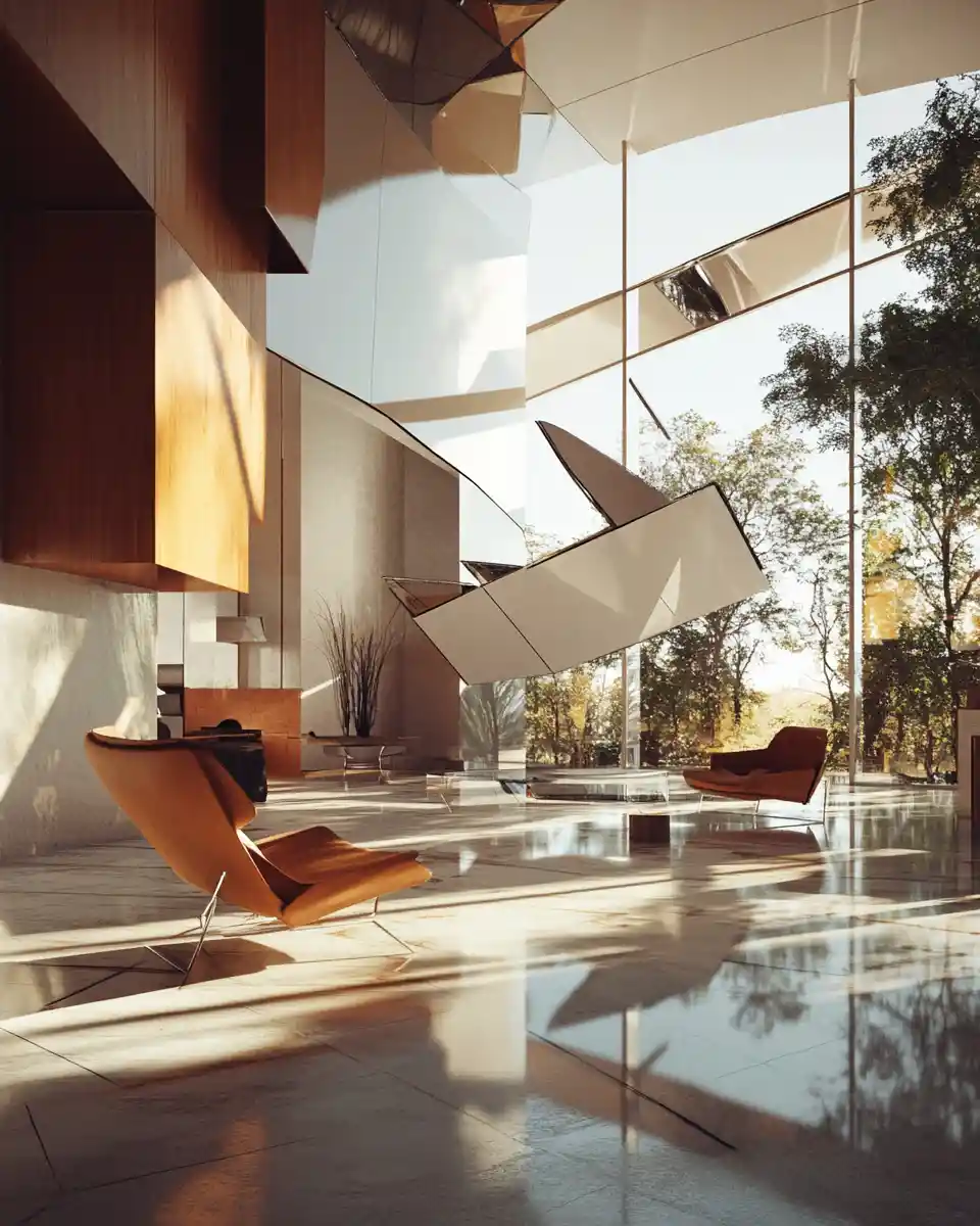 Surreal modern interior with floating furniture and window light