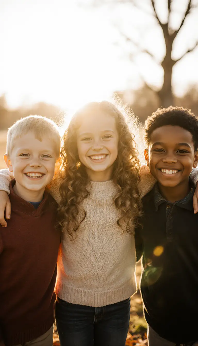 Smiling diverse children posing together in a sunny park