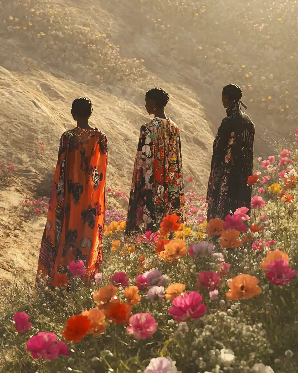 Women dancing in surreal highland field with glowing relics
