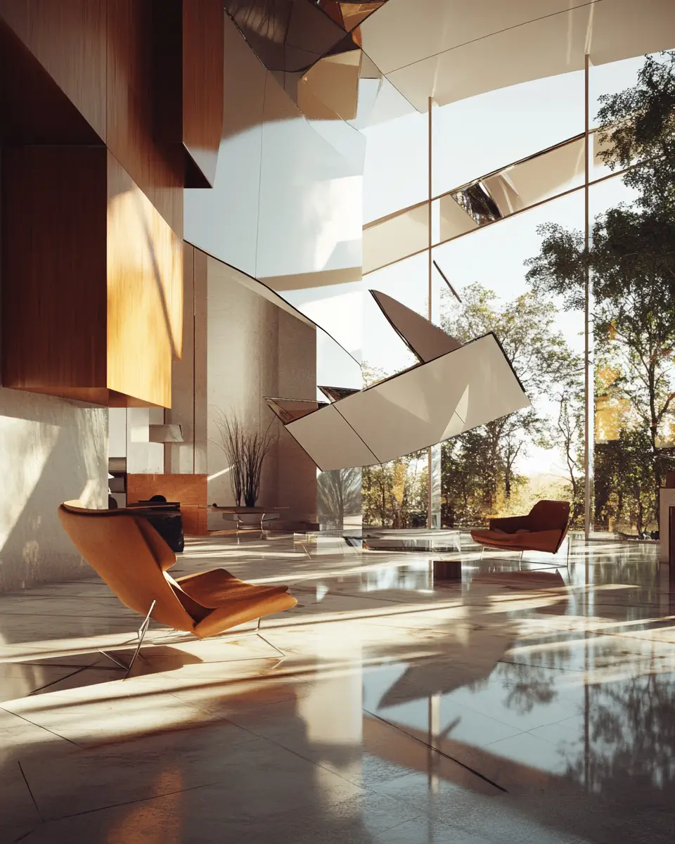 Surreal modern interior with floating furniture and window light