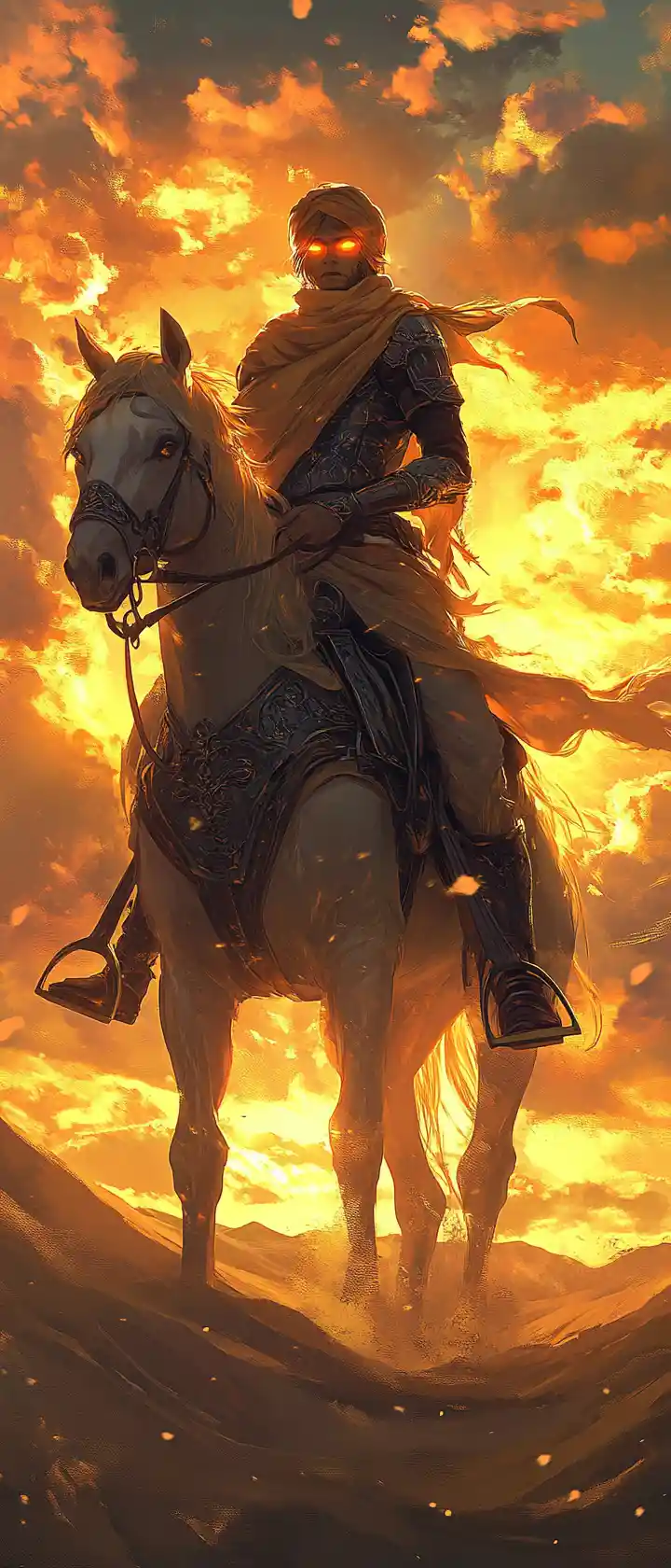 Cavaliere arabo in stile anime che cavalca tra le dune dorate del deserto